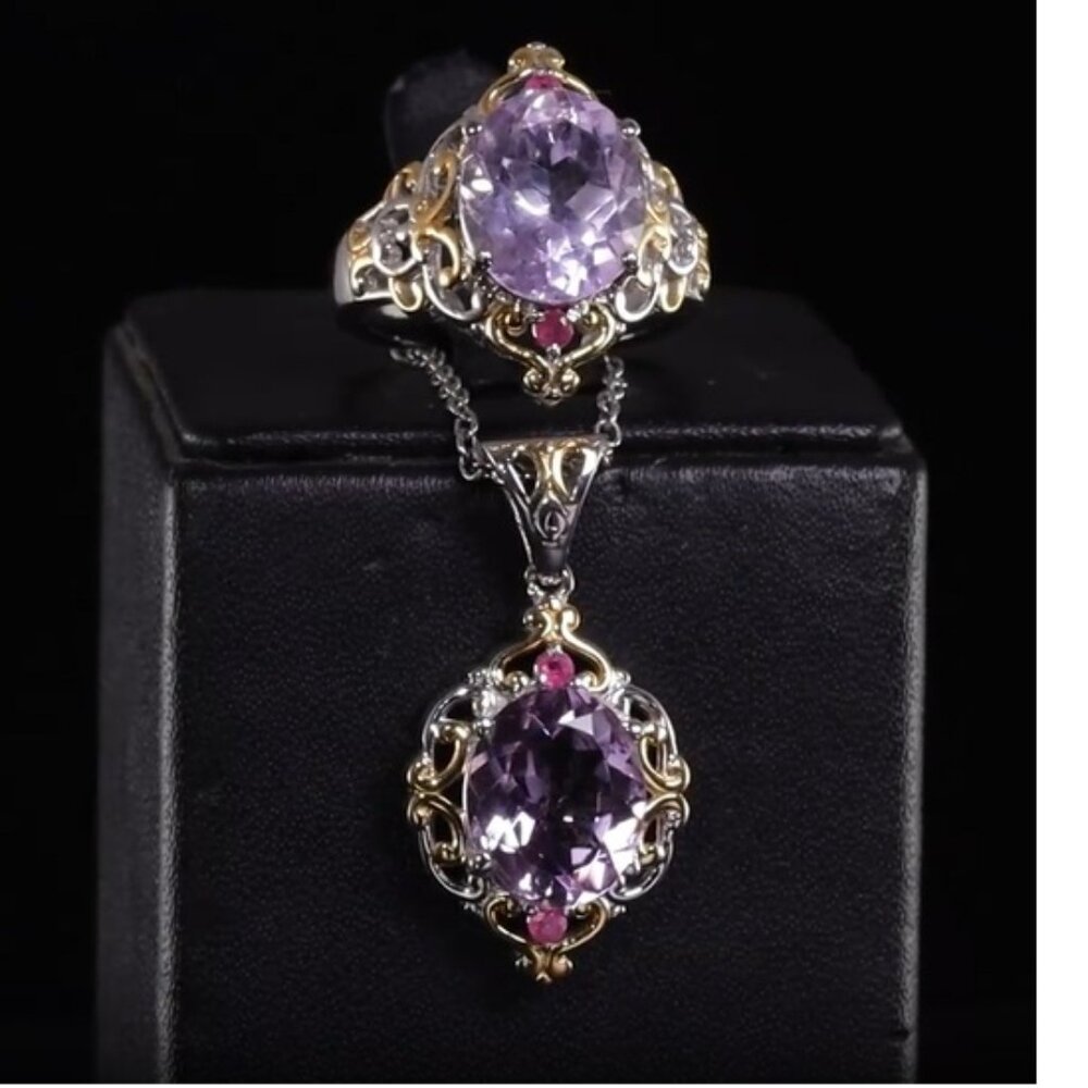 Antique Style Ring/Necklace  Set – Rose DeFrance Amethyst and Niassa Ruby (FF)
